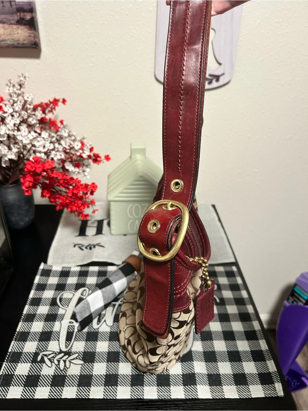 Coach Bleecker Beige Signature Canvas Bucket Bag with Burgundy Trim